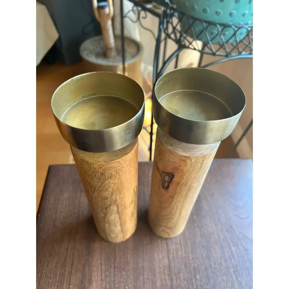 Sagebrook Home taper candle holders natural wood cylinders  brushed metal top